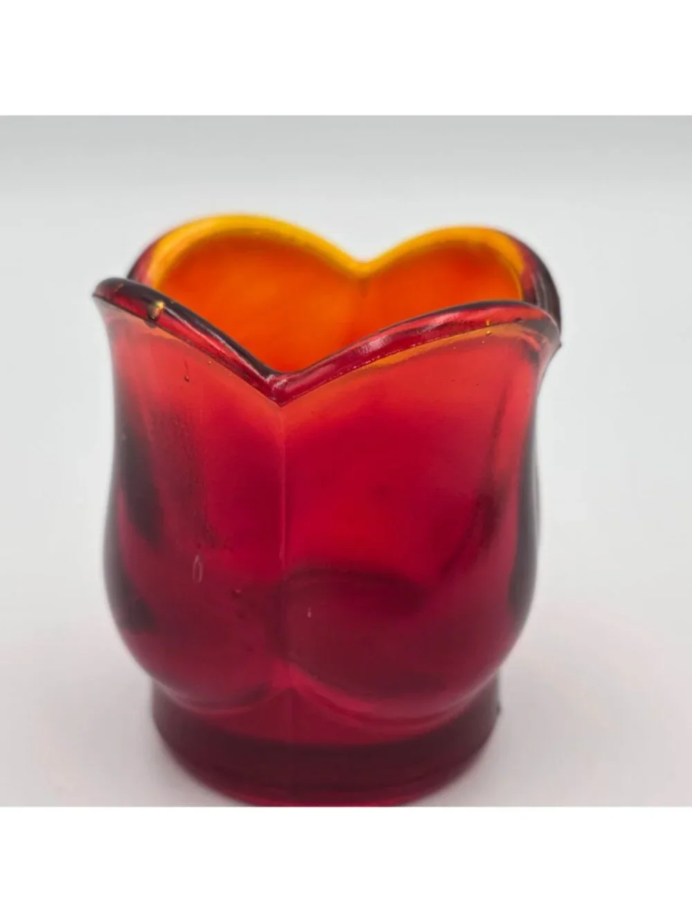 Vintage Glass Tulip Candle Holder Votive Red Orange Cadmium  70s
